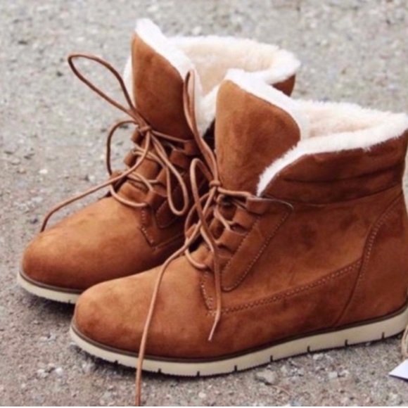 Shoes - Cozy Black Vegan Fur Suede lace up booties